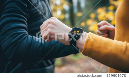 一名年輕女子操作智慧手錶的手 119901678