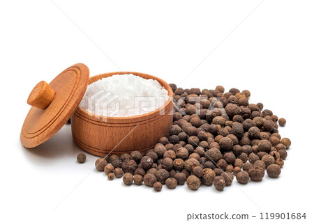 Bowl of natural salt and black pepper isolated on white. 119901684