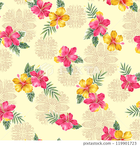 Hand-drawn hybiscus pattern perfect for textiles, Hand-drawn hybiscus pattern perfect for textiles, 119901723