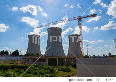 Cooling towers at nuclear power plant, energy self-sufficiency, greenhouse emission reduction and global warming concept, Dukovany, Czech Republic Cooling towers at nuclear power plant, energy self-sufficiency, greenhouse emission reduction and global warming concept, Dukovany, Czech Republic 119901762