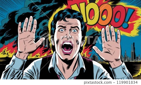 Pop art scene of frightened man shouting NO, flames engulf buildings in background. Comic book style 119901834