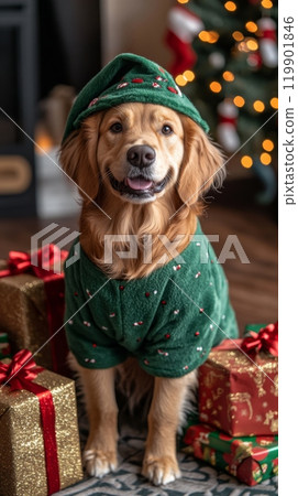 A golden retriever dressed in a green Christmas elf costume with hat, wrapped gifts. Vertical banner 119901846