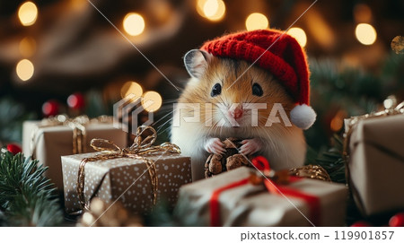 A hamster wearing a red Christmas hat, sitting beside miniature wrapped presents and pine branches A hamster wearing a red Christmas hat, sitting beside miniature wrapped presents and pine branches 119901857