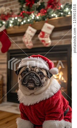 A pug dog in a Santa Claus costume with a red hat, sitting by a fireplace. Christmas vertical banner A pug dog in a Santa Claus costume with a red hat, sitting by a fireplace. Christmas vertical banner 119901858
