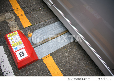 The lock plate of a coin parking lot in the lowered position The lock plate of a coin parking lot in the lowered position 119901899