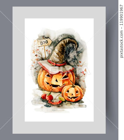Halloween pumpkins with witch hat near sign that says boo on wall art. Watercolor artwork Halloween pumpkins with witch hat near sign that says boo on wall art. Watercolor artwork 119901967