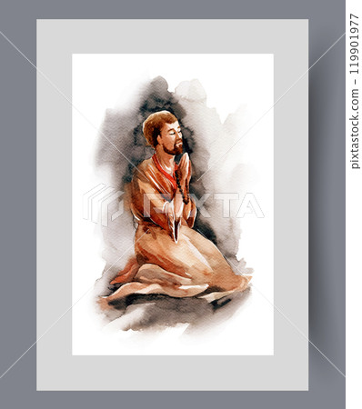 Praying man kneeling in temple and making prayer gesture on print. Watercolor artwork 119901977