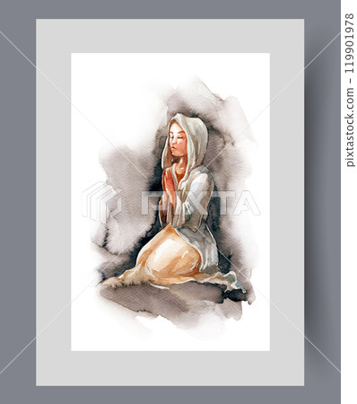 Woman with veil on head prays to god, kneeling in dark on print. Watercolor artwork Woman with veil on head prays to god, kneeling in dark on print. Watercolor artwork 119901978