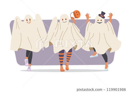 Halloween party for kids using white sheets to pretend to be ghosts and demand treats or treating 119901986