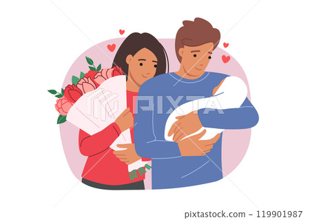 Parents newborn hold baby and bouquet of flowers given to mother on day of discharge from hospital 119901987