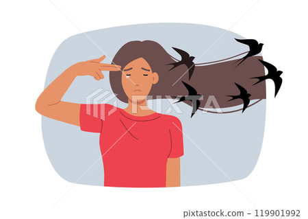 Depressed woman wants to commit suicide because of problems, makes gesture of gun near head 119901992