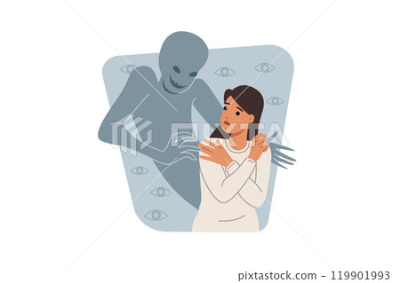 Defenseless woman hallucinates seeing ghost due to psychological disorder or schizophrenia Defenseless woman hallucinates seeing ghost due to psychological disorder or schizophrenia 119901993