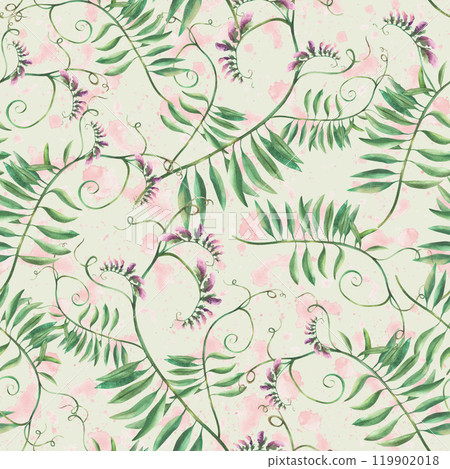 Wildflowers twig mouse pea seamless pattern. Lilac flowers, buds, leaves on watercolor pink stains splashes background Hand drawn illustration Summer clipart Isolated green pastel coloured background 119902018