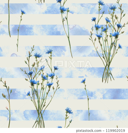 Wildflower Blue chicory flowers seamless pattern. Herbs and buds on watercolor stripes splashes stroke background. Summer design. Watercolor hand drawn illustration on isolated pastel beige background 119902019