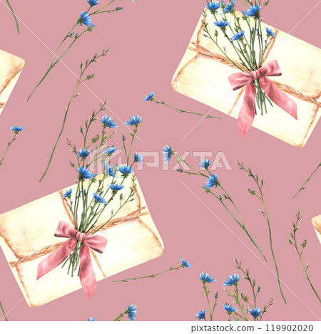 Wildflowers bouquet tied with a red bow and vintage letter. Blue chicory flowers, meadow herbs. Seamless pattern. Fabric design. Watercolor hand drawn illustration on isolated pink coloured background 119902020