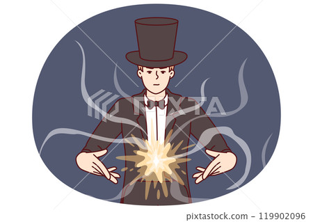 Man magician demonstrates magic tricks to entertain guests of circus or entertainment event 119902096