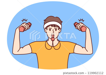 Funny fitness trainer with dumbbells uses whistle to cheer up trainees from gym or sports club 119902112