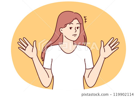 Woman throws up hands, denying involvement in problem or demonstrating ignorance of answers Woman throws up hands, denying involvement in problem or demonstrating ignorance of answers 119902114