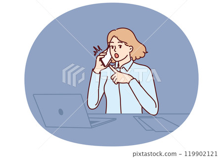 Woman office worker shockedly points to phone and makes call to partner or company manager 119902121