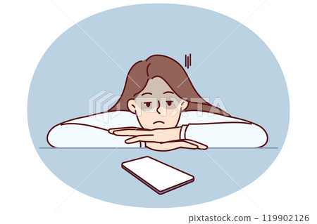 Woman looks at phone waiting for call from boyfriend or SMS message suffering from digital addiction 119902126