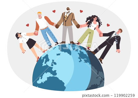 International friendship among people holding hands, standing on globe and calling for peace International friendship among people holding hands, standing on globe and calling for peace 119902259