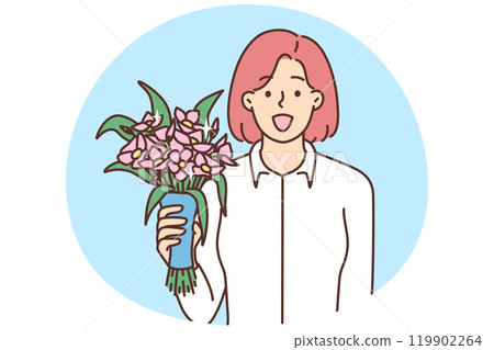 Smiling woman with bouquet greeting with anniversary 119902264