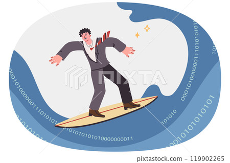 Business man is surfing internet, standing on surfboard gliding along waves of binary code 119902265