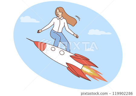 Motivated businesswoman fly on rocket Motivated businesswoman fly on rocket 119902286