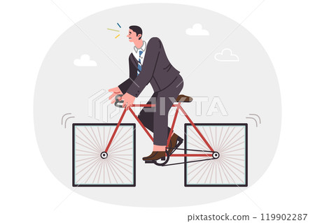 Strange business man on bicycle with square wheels, standing still due to incorrectly equipment Strange business man on bicycle with square wheels, standing still due to incorrectly equipment 119902287