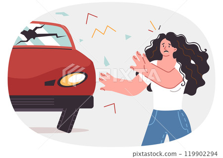 Woman got into car accident due to violation of traffic rules, stands near broken automobile Woman got into car accident due to violation of traffic rules, stands near broken automobile 119902294