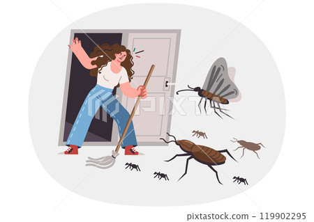 Insects and pests attack woman trying to enter apartment after thorough cleaning or disinfection Insects and pests attack woman trying to enter apartment after thorough cleaning or disinfection 119902295