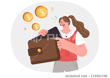 Wallet in hand woman considering own budget for financial planning and accounting for expenses Wallet in hand woman considering own budget for financial planning and accounting for expenses 119902296