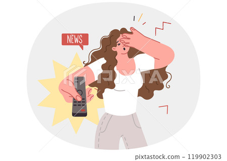 Woman gets scared by TV news and closes eyes, using remote control to switch to another channel 119902303