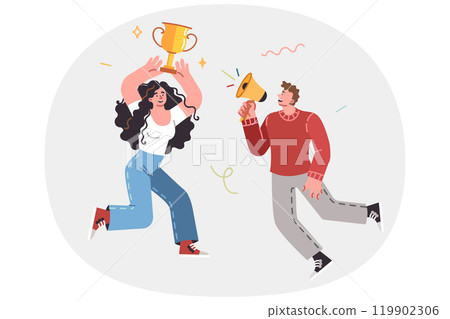 Woman winner with gold cup performs victory dance, standing near happy man shouting into megaphone Woman winner with gold cup performs victory dance, standing near happy man shouting into megaphone 119902306