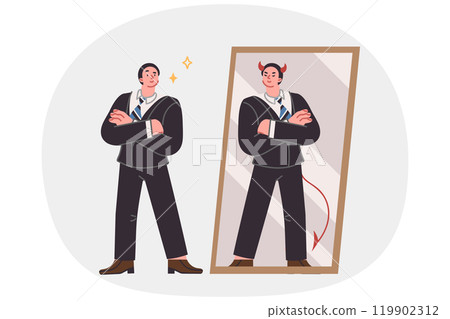 Business man seeing devil in reflection in mirror, for concept duplicity and hypocritical behavior 119902312