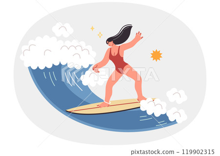 Woman doing surfing on sea waves, enjoying extreme sport during summer vacation on island Woman doing surfing on sea waves, enjoying extreme sport during summer vacation on island 119902315