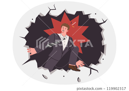 Business man escapes bad job through hole in wall, wishing for better opportunities for development 119902317