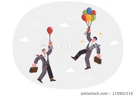 Competition businessmen flying balloons in attempt to overtake opponent and first to reach goal Competition businessmen flying balloons in attempt to overtake opponent and first to reach goal 119902318