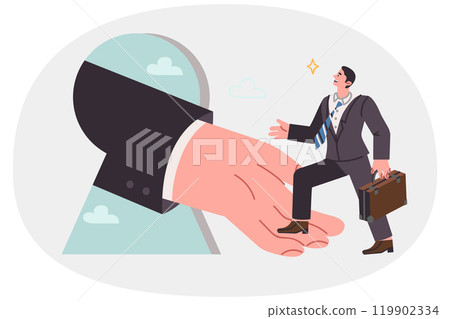 Businessman moves up career ladder and receives promotion thanks to patronage of boss Businessman moves up career ladder and receives promotion thanks to patronage of boss 119902334