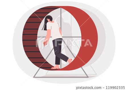 Tired woman walks on hamster wheel, feeling burnout and frustration due to overwork Tired woman walks on hamster wheel, feeling burnout and frustration due to overwork 119902335