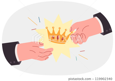 Hands of people with golden crown handing over trophy to winner of business competition Hands of people with golden crown handing over trophy to winner of business competition 119902340