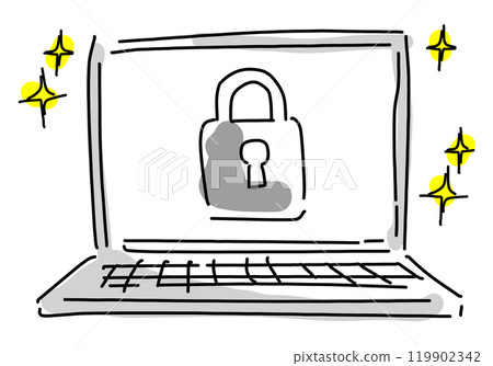 Rough hand-drawn line drawing of a secure PC Rough hand-drawn line drawing of a secure PC 119902342