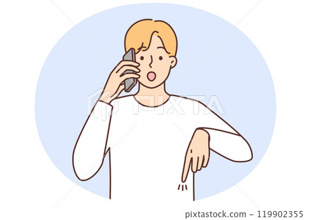 Stunned man on phone call point at deal Stunned man on phone call point at deal 119902355