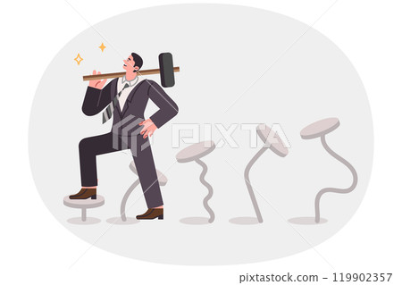 Business man gains professional skills through perseverance, holding sledgehammer standing on nails 119902357