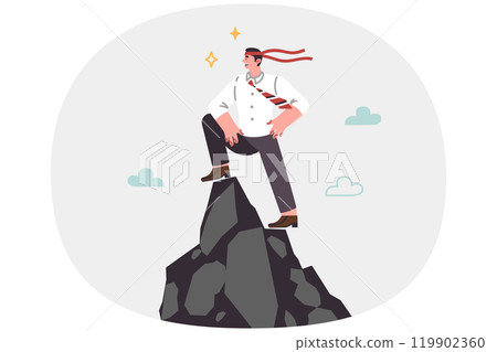 Successful man leader stands on top of cliff with bandage on head and looks confidently into future 119902360