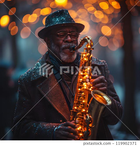 Elderly musician playing saxophone on city streets at night. warm lights. artistic street photography. soulful portrait capture. generative AI 119902371