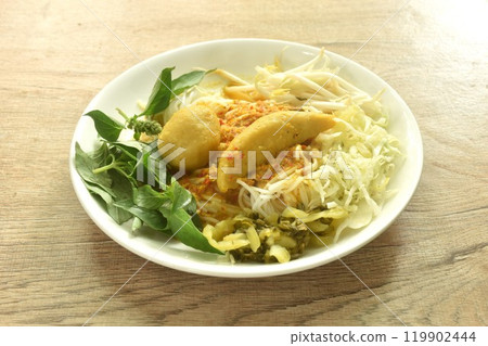 rice noodles dressing spicy fish curry sauce eat couple fresh vegetable on plate 119902444