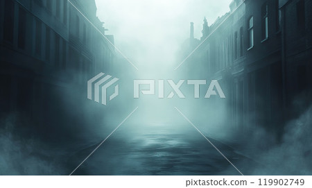 The Mysterious Foggy Street Set Within an Abandoned Cityscape Awaits Intriguing Discoveries 119902749