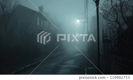 The Mysterious Foggy Street Set Within an Abandoned Cityscape Awaits Intriguing Discoveries 119902753