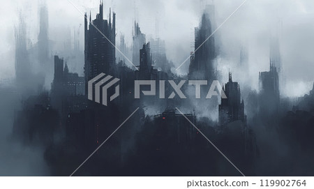 Misty Cityscape Urban Shadows Covered and Enveloped in a Deep, Thick Fog with an Eerie Atmosphere Misty Cityscape Urban Shadows Covered and Enveloped in a Deep, Thick Fog with an Eerie Atmosphere 119902764